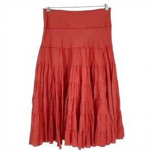 Terracotta Red Tiered Cotton Midi Skirt Boho Raw Edge M